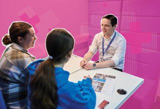 Students meeting with an adviser, on a pink background