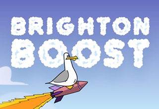 Graphic with the text 'Brighton Boost' and a seagull riding a rocket through the sky