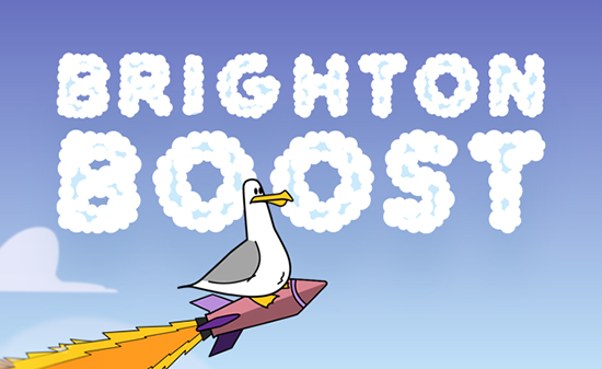 Graphic with the text 'Brighton Boost' and a seagull riding a rocket through the sky