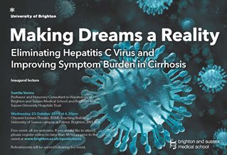 Graphic publicising inaugural lecture titled: Making dreams a reality. Eliminating hepatitis C virus and improving sympton burden in cirrhosis, featuring large cells in light blue on a dark background