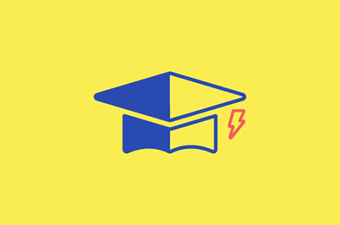 Yellow graphic with graduation hat and lightening bolt