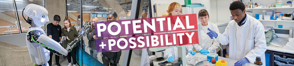Students using university facilities with the words: Potential + possibility