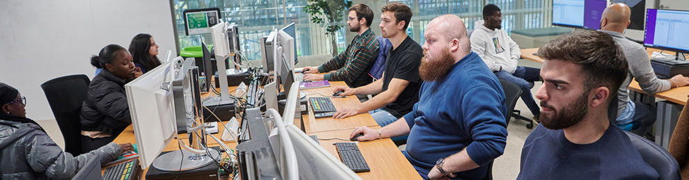 Group of students in the Bloomberg room