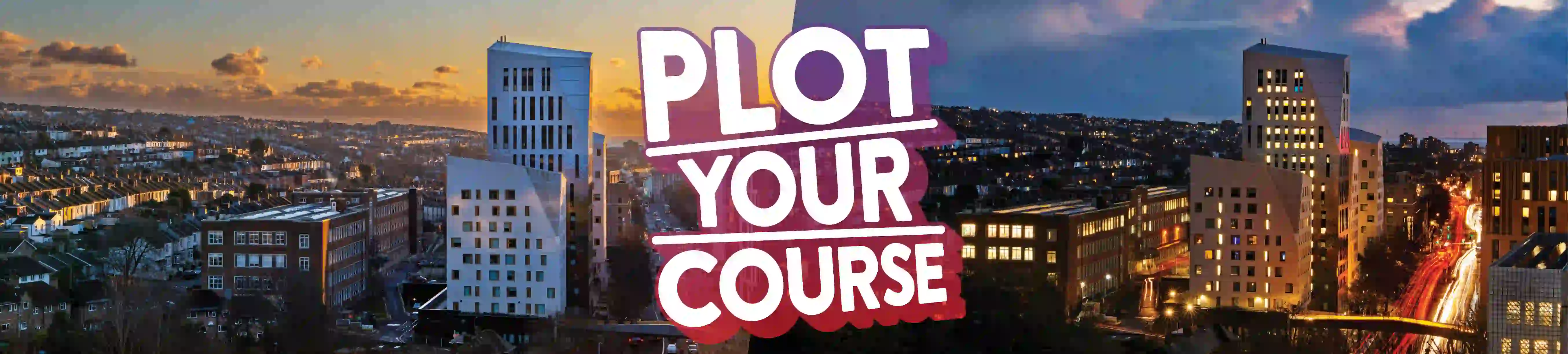 Graphic banner showing Moulsecoomb halls of residence in the day and at night with the text 'Plot your course'