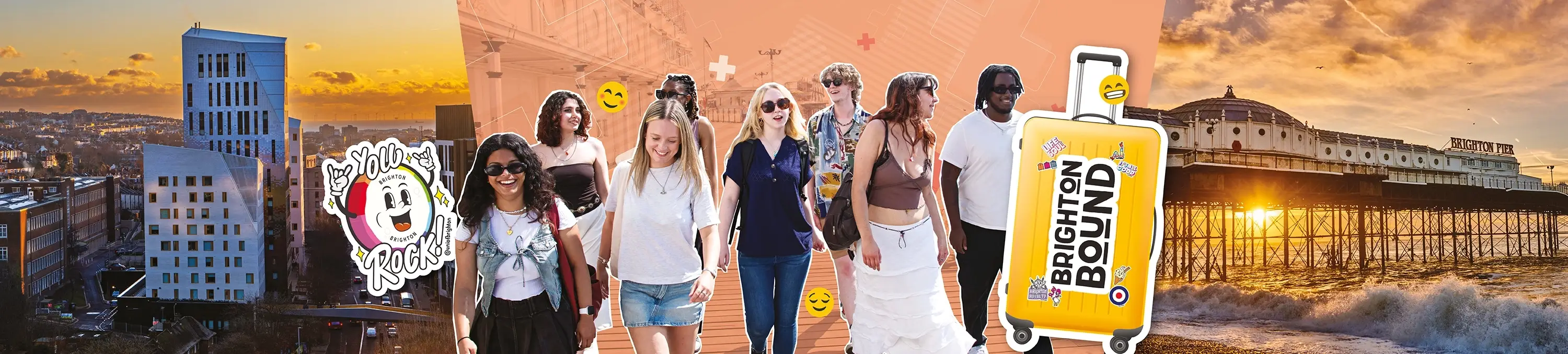Composite image of students, Mouslecoomb halls and Brighton Pier
