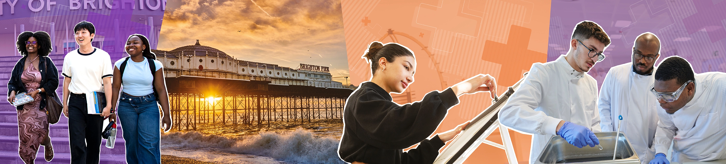 Montage of students at the University of Brighton and Brighton Pier at sunset