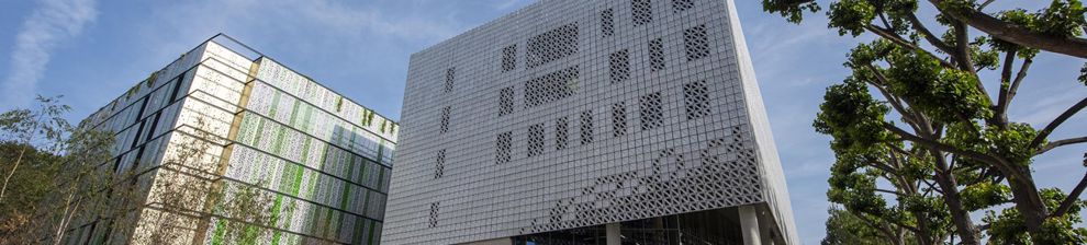 Contemporary architecture at Moulsecoomb Campus, University of Brighton, including Elm House and carpark.