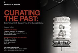 Graphic publicising inaugural lecture titled: Curating the past, featuring a paper lantern with Queen Elizabeth image on it
