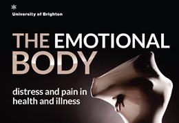 Graphic publicising inaugural lecture titled: The emotional body, distress and pain in health and illness, featuring a person pushing inside a covering, looking as through they are stretching it in an attempt to escape