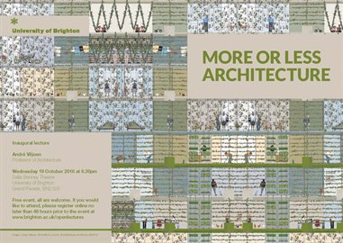 Graphic publicising inaugural lecture titled: More or less architecture, featuring a green coloured schematic of a side of a building
