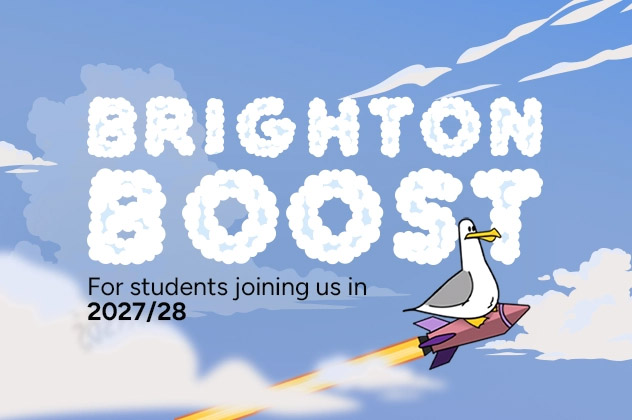 Seagull flying on a rocket with clouds and words Brighton Boost