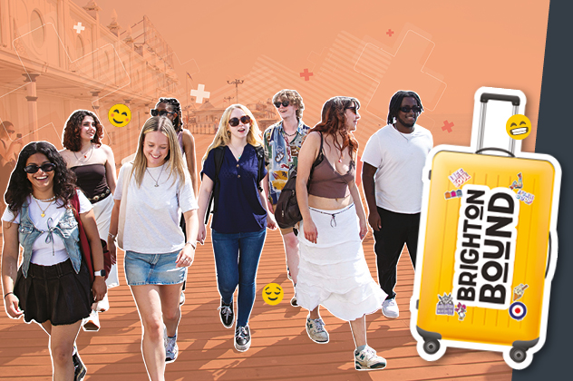 Image of Brighton students walking on Brighton pier with words Brighton Bound
