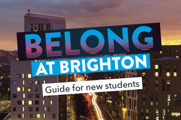 Moulsecoomb campus at sunset with the text 'Belong at Brighton - guide for new students'