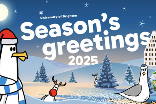 Seagulls and reindeer in the snow with the words: Season's Greetings 2025