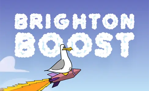 An illustration of a seagull on a rocket with the words: Brighton Boost