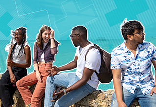 Four students chatting on rocks by the beach