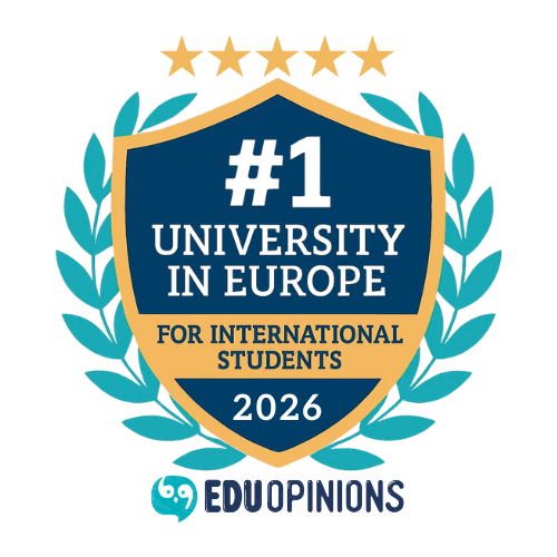 Number 1 university in Europe for international rankings, EduOpinions 2026 badge