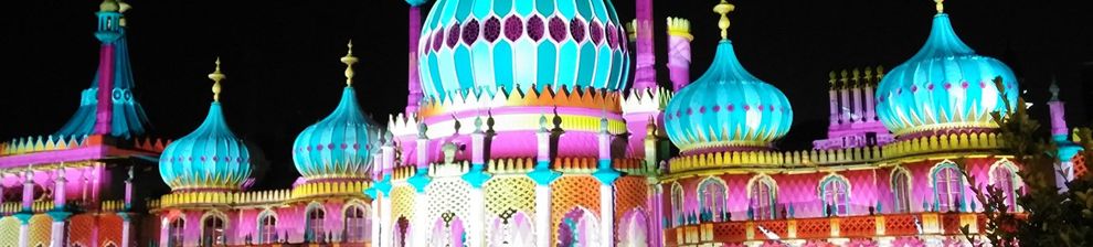 Brighton Pavilion with rainbow lightshow projection.