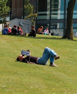Student laying on the grass at Falmer campus