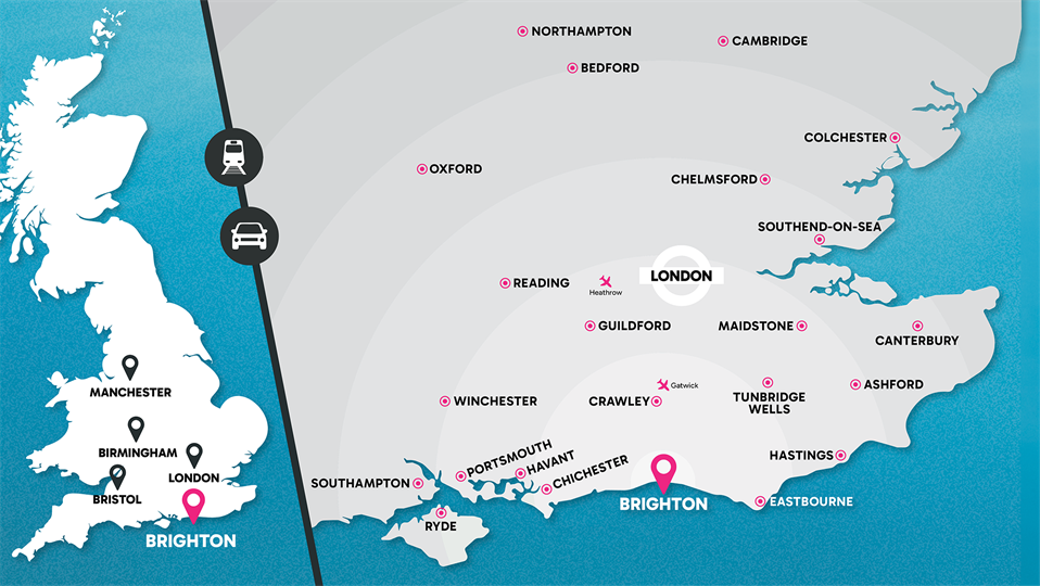 A map of South East England, showing common travel locations and airports in a radius from Brighton