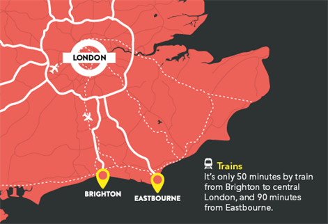 Map showing distance to London from Brighton