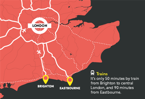 Map showing distance to London from Brighton and Eastbourne