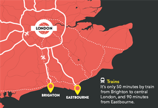 Map showing distance to London from Brighton