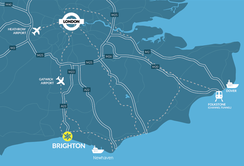 South East of England graphic map showing Brighton, London and Gatwick