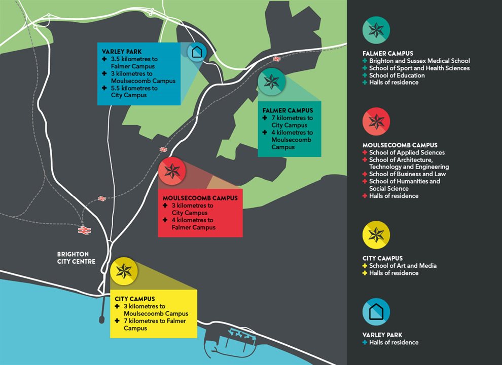 Annotated map of the Brighton campuses in 2024