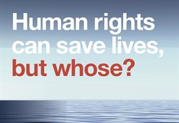 Graphic publicising inaugural lecture titled: Human rights can save lives, but whose? featuring a horizon out to sea