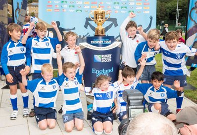 Lewes Rugby Club juniors with the World Cup at the University of Brighton