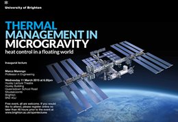 Graphic publicising inaugural lecture titled: Thermal Management in Micorgravity; heat control in a floating world, featuring a satelitte in space