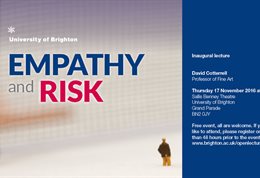 Graphic publicising inaugural lecture titled: Empathy and risk, featuring a small figure of a person in the bottom left on a white background