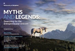 Graphic publicising inaugural lecture titled: Myths and legends, Searching for the entrepreneurial unicorn, featuring a unicorn on a hillside