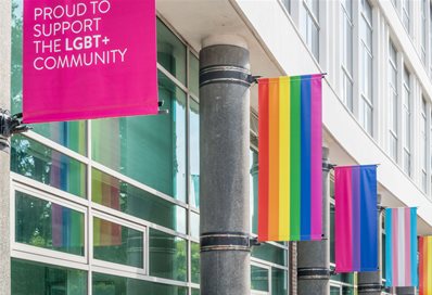 Pride flags on Grand Parade building