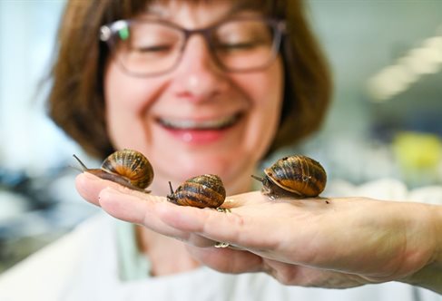 Dr Sarah Pitt and Snails on her hand