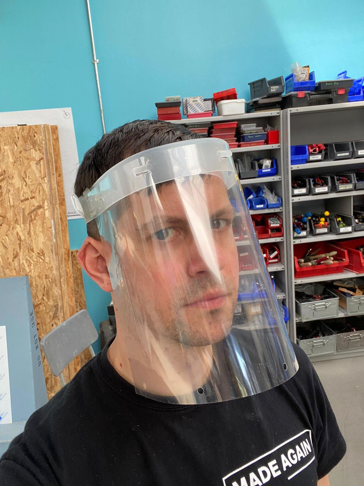 James wearing prototype face shield