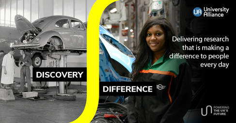 Split image: VW Beetle car in a garage left, female car mechanic right