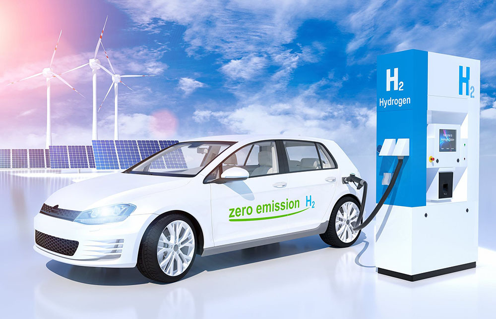 Promotional image of hydrogen car at fuel pump