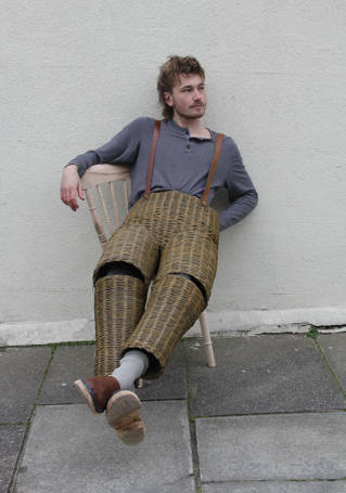 Daryl Haines wearing his trousers made from willow