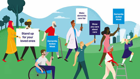 Illustration of people holding placards about dementia care