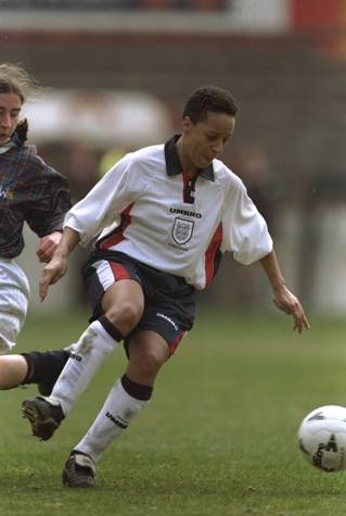 Hope Powell playing for England  - courtesy of FIFA