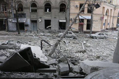 Kharkiv downtown street destroyed by Russian bombardment - shared via Creative Commons