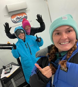 Nicky Chisholm - on treadmill at back  - with PhD researchers Chanel Coppard (middle) and Rebecca Relf (front) at University of Brighton's Environment Extremes Laboratory