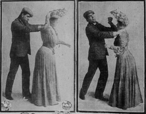 Photograph from the San Francisco Sunday Call, 1904, demonstrating how women could extract their hairpins to defend against an attacker