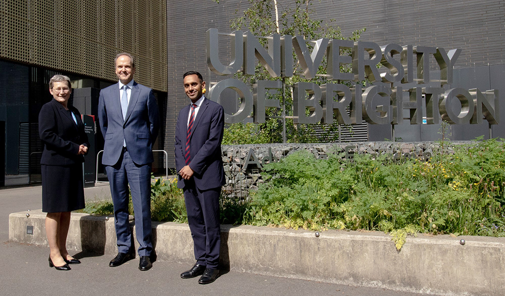 Debra Humphris and Rusi Jaspal flank the Lord-Lieutenant of Sussex on his visit to the University of Brighton campus