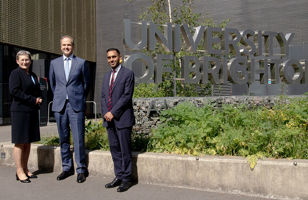 Debra Humphris and Rusi Jaspal flank the Lord-Lieutenant of Sussex on his visit to the University of Brighton campus