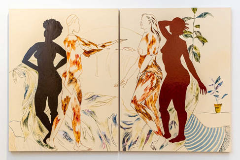 Painting of four figures, two in silhouette