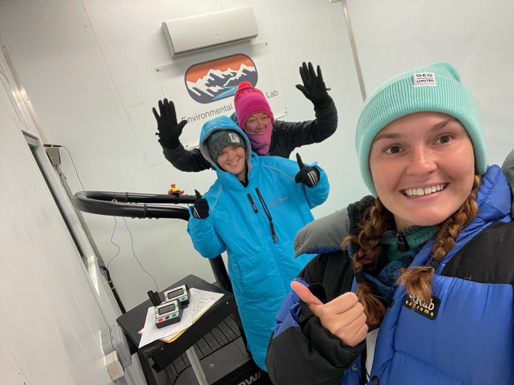 Nicky Chisholm - on treadmill at back  - with PhD researchers Chanel Coppard (middle) and Rebecca Relf (front) at University of Brighton's Environment Extremes Laboratory
