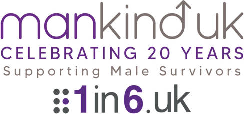 1in6 logo with the words Mankind UK celebrating 20 years, Supporting male survivors